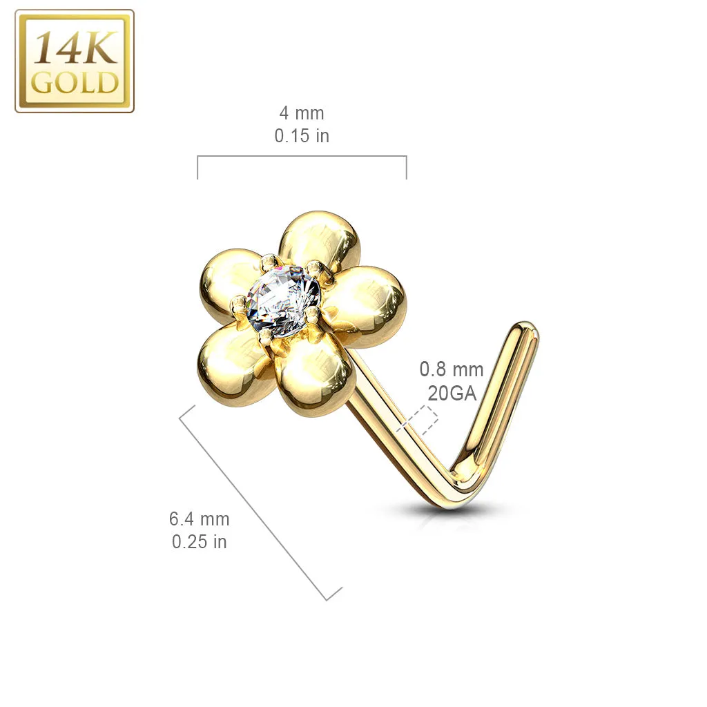 14K Solid Gold Five Petal Flower L Bend Nose Ring