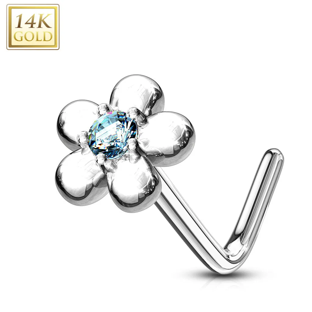 14K Solid Gold Five Petal Flower L Bend Nose Ring