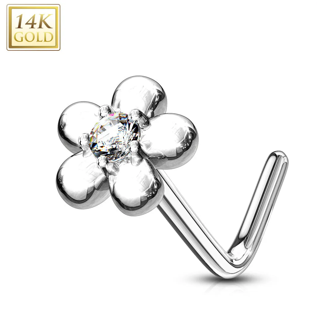 14K Solid Gold Five Petal Flower L Bend Nose Ring