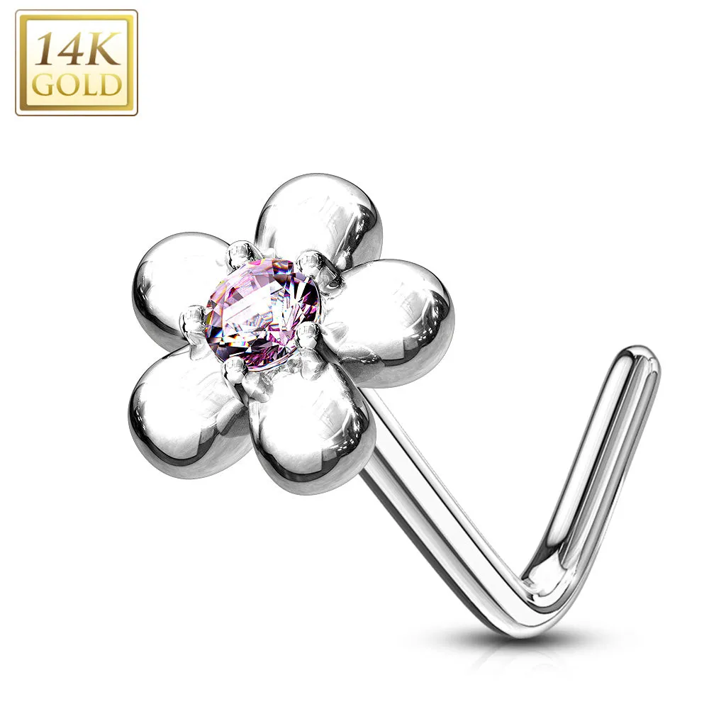 14K Solid Gold Five Petal Flower L Bend Nose Ring