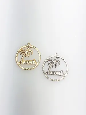 14K Solid Gold Hawaii Diamond Head Palm Tree Charm w/ Ring, 15.5mm, Made in USA (L-26)