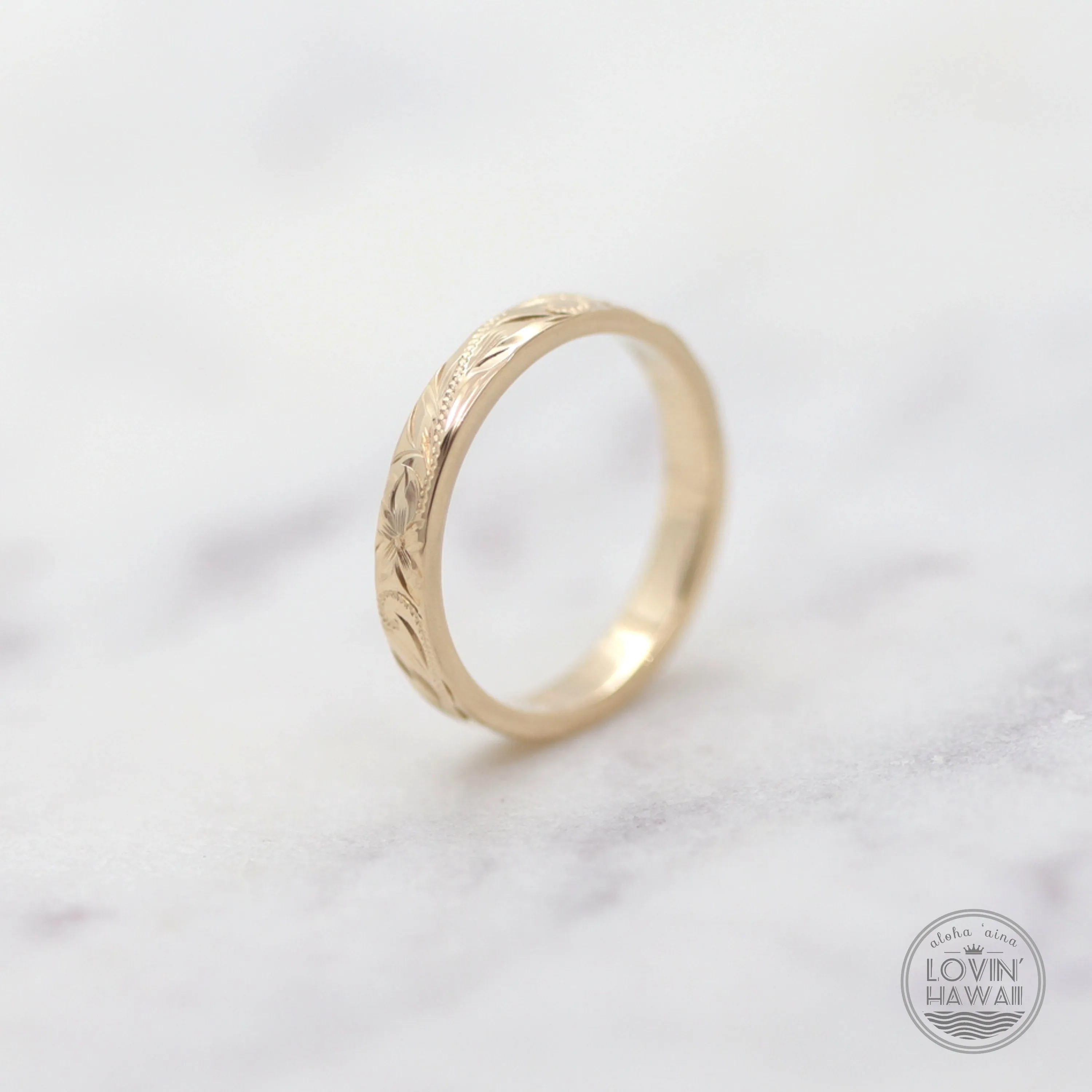 14K White Gold Wedding Rings For Women, Hand Engraved with Hawaiian Heritage Design (2.5mm Flat Style)