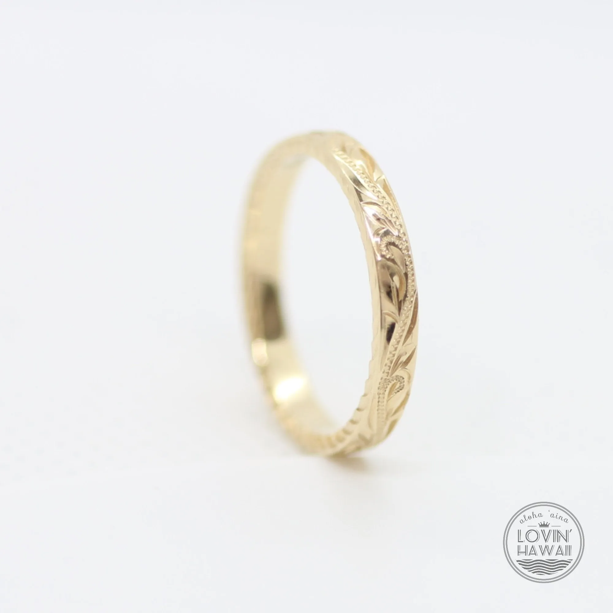 14K White Gold Wedding Rings For Women, Hand Engraved with Hawaiian Heritage Design (2.5mm Flat Style)
