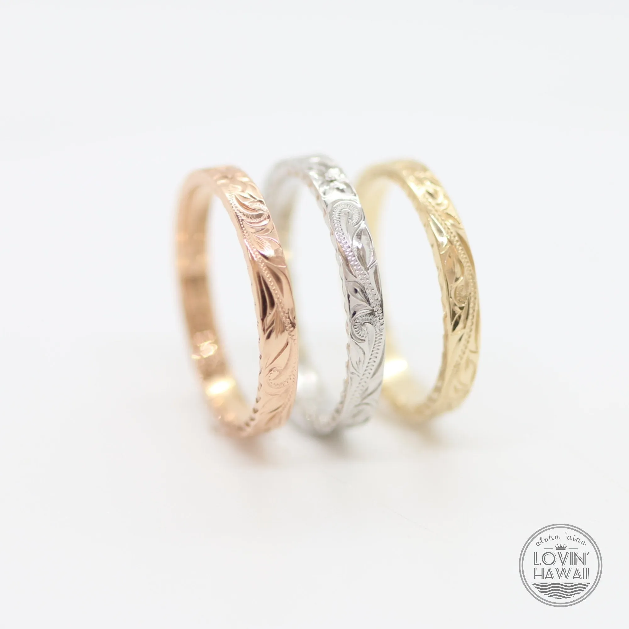 14K White Gold Wedding Rings For Women, Hand Engraved with Hawaiian Heritage Design (2.5mm Flat Style)