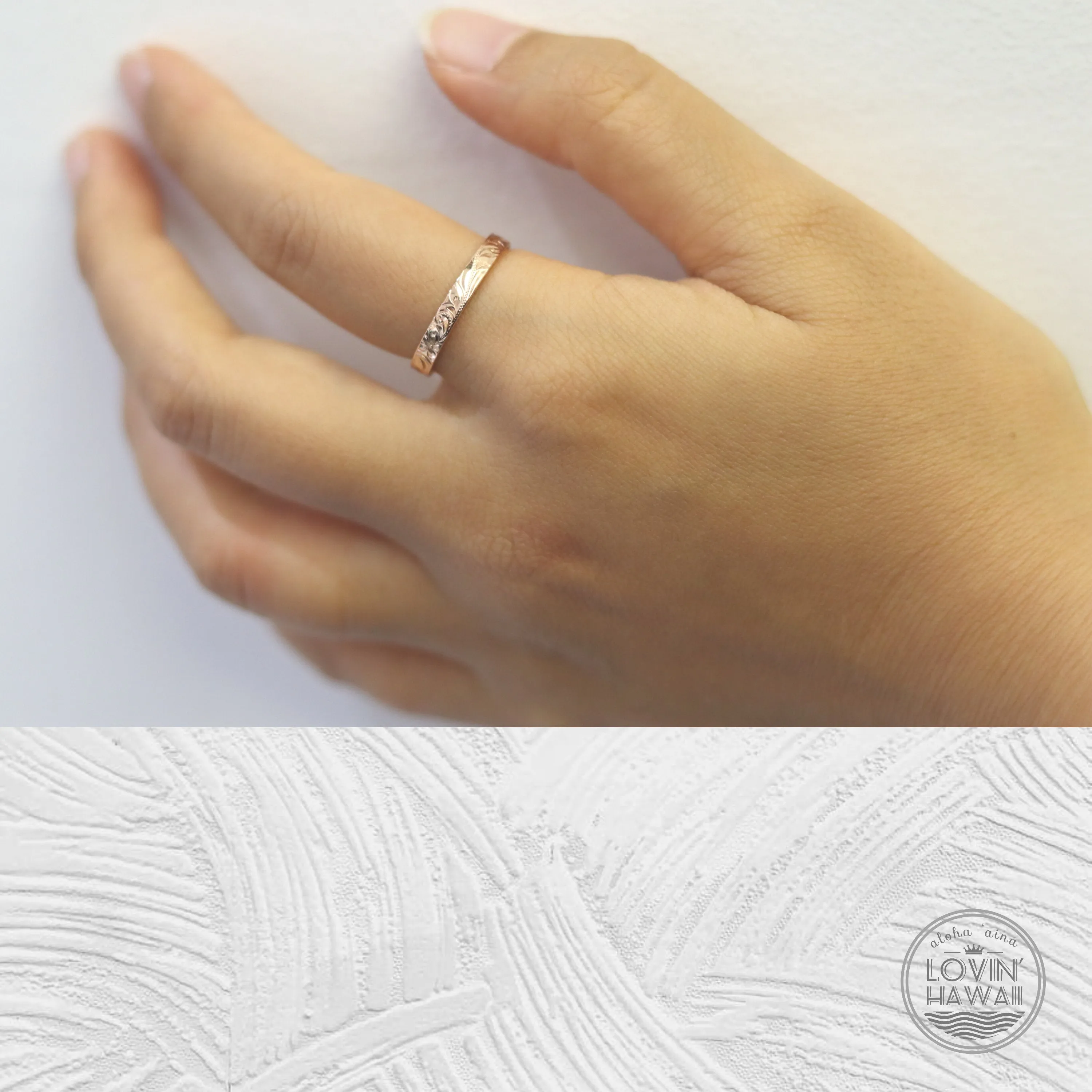 14K White Gold Wedding Rings For Women, Hand Engraved with Hawaiian Heritage Design (2.5mm Flat Style)