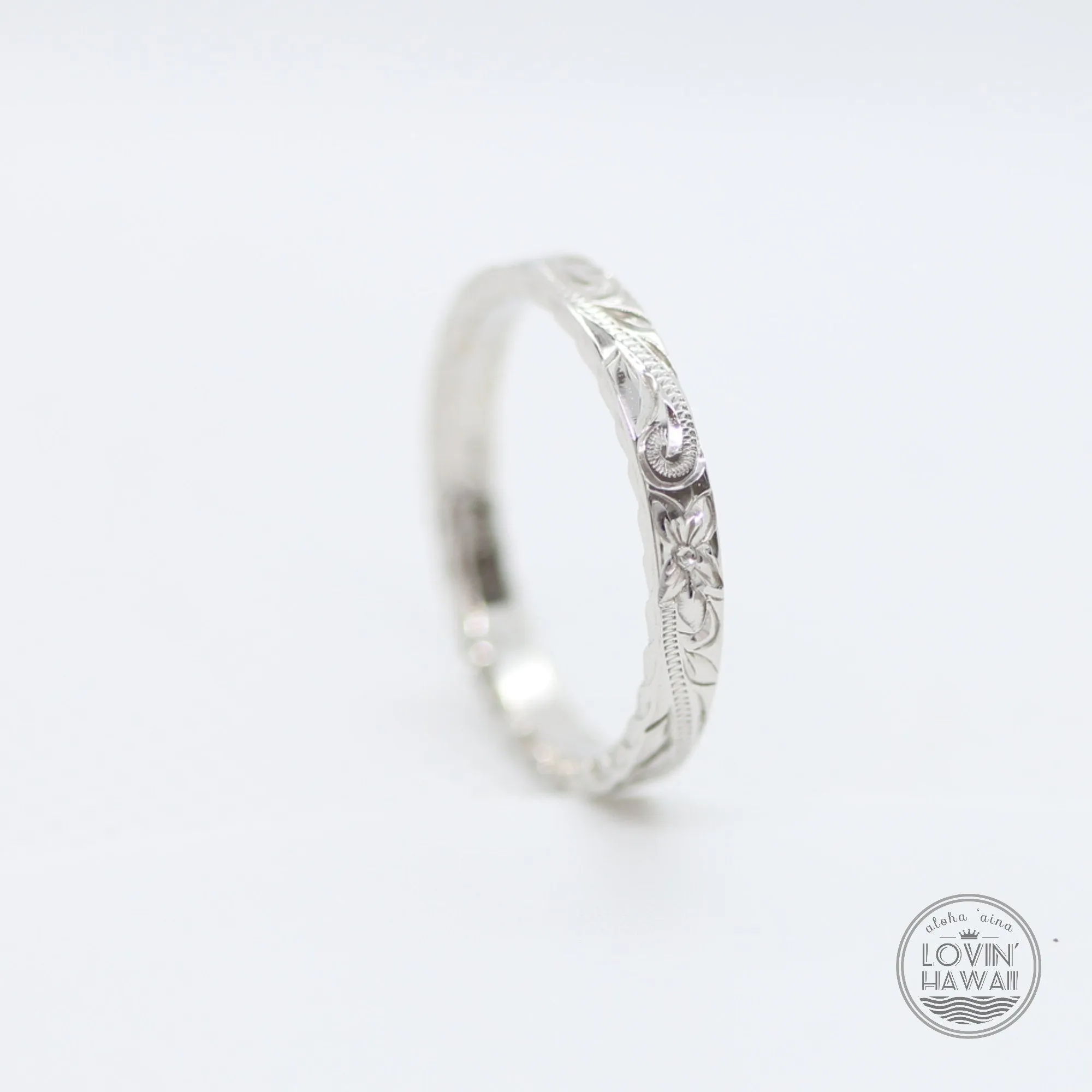 14K White Gold Wedding Rings For Women, Hand Engraved with Hawaiian Heritage Design (2.5mm Flat Style)