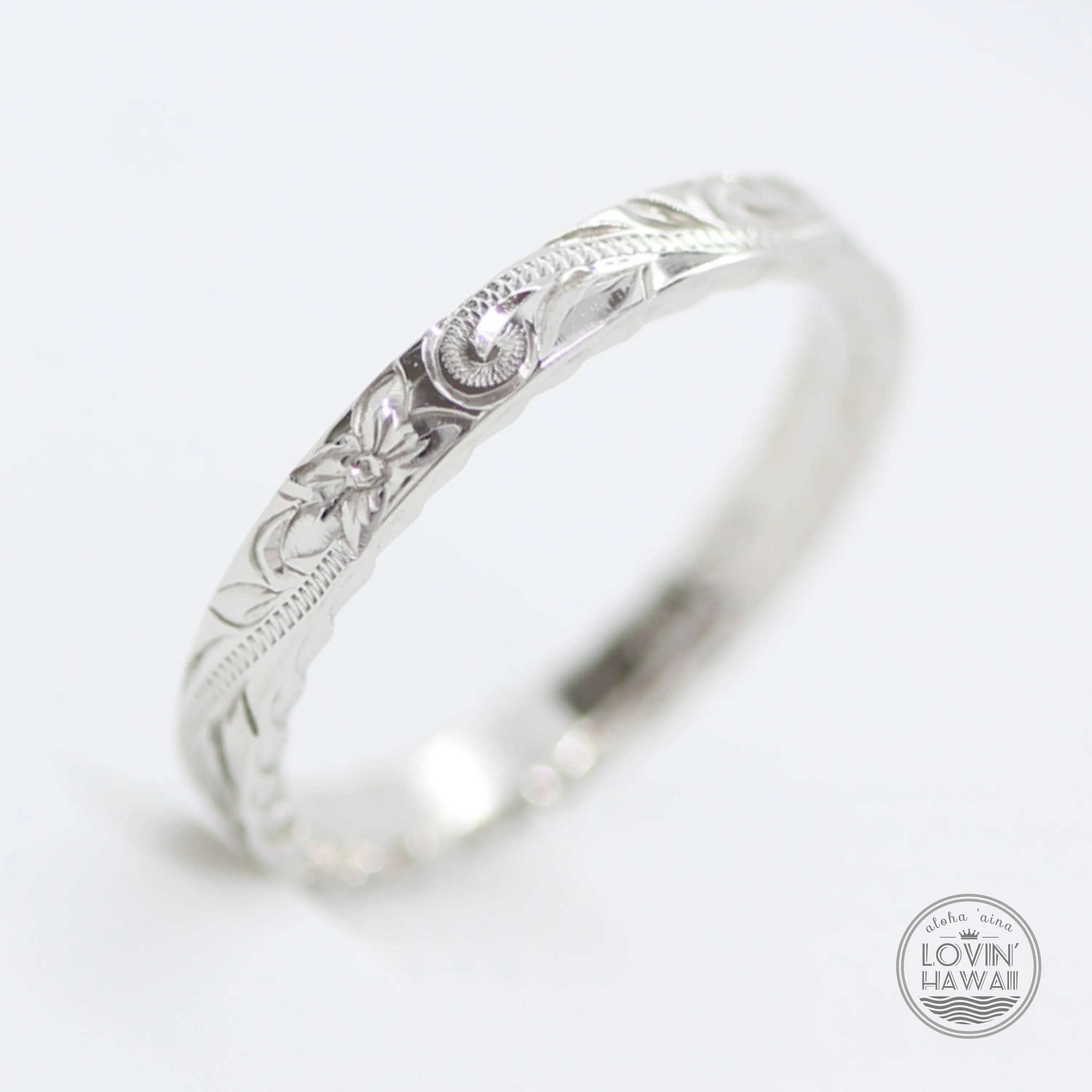 14K White Gold Wedding Rings For Women, Hand Engraved with Hawaiian Heritage Design (2.5mm Flat Style)