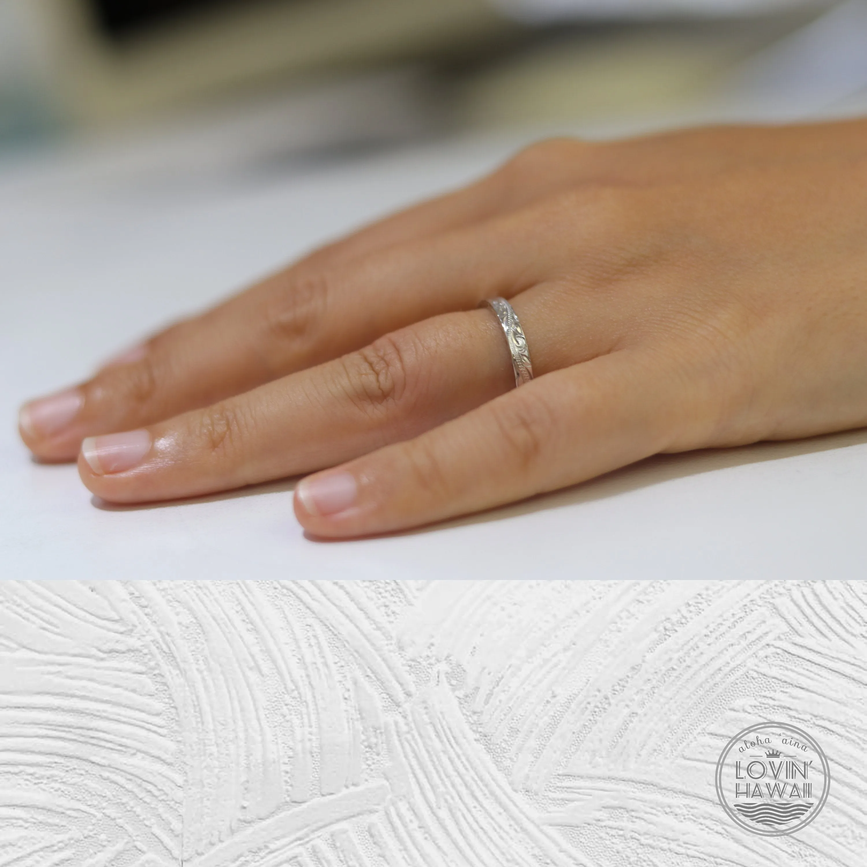 14K White Gold Wedding Rings For Women, Hand Engraved with Hawaiian Heritage Design (2.5mm Flat Style)