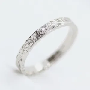 14K White Gold Wedding Rings For Women, Hand Engraved with Hawaiian Heritage Design (2.5mm Flat Style)