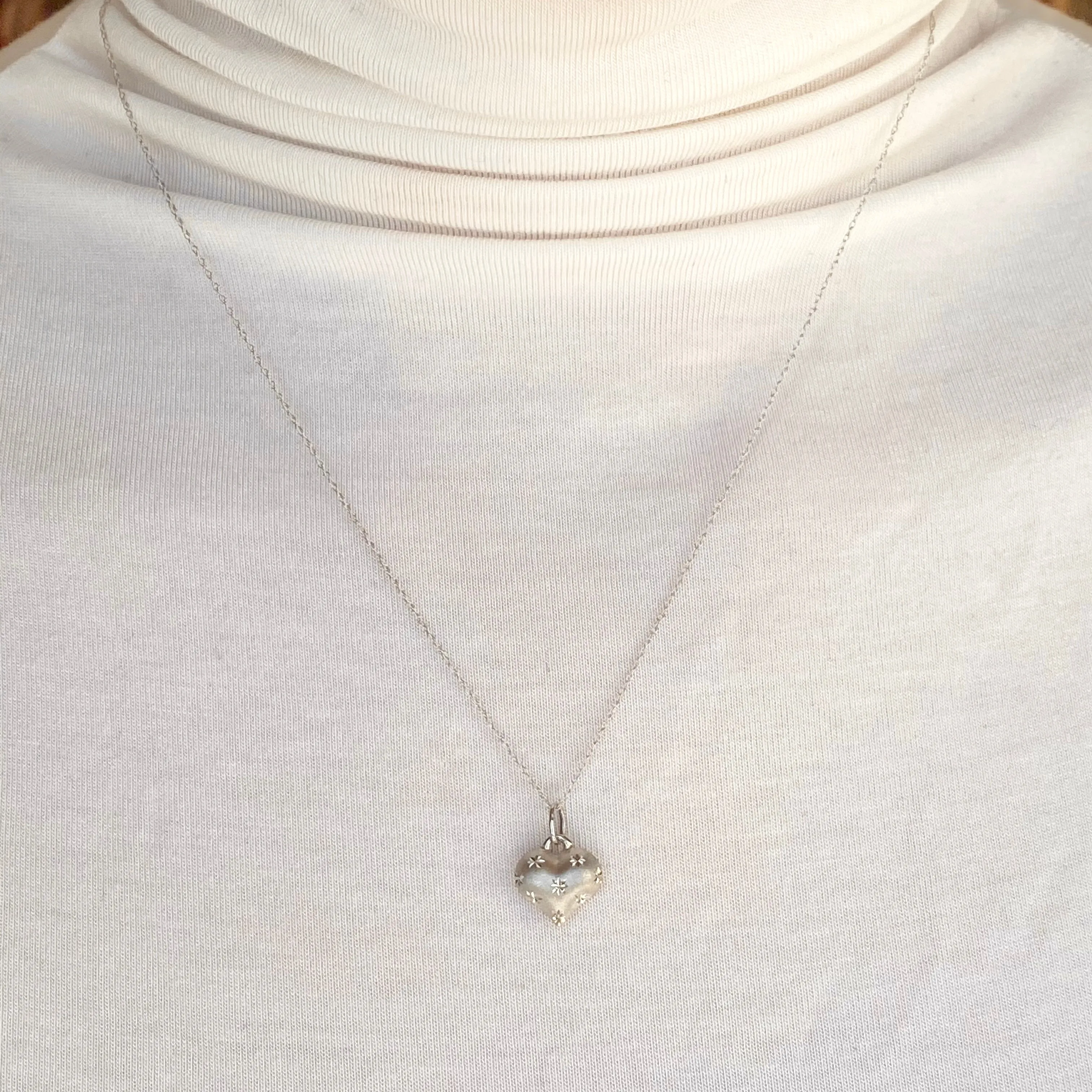 14KT White Gold Satin Diamond-Cut 3D Heart Pendant Chain Necklace