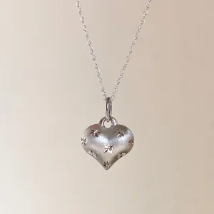 14KT White Gold Satin Diamond-Cut 3D Heart Pendant Chain Necklace