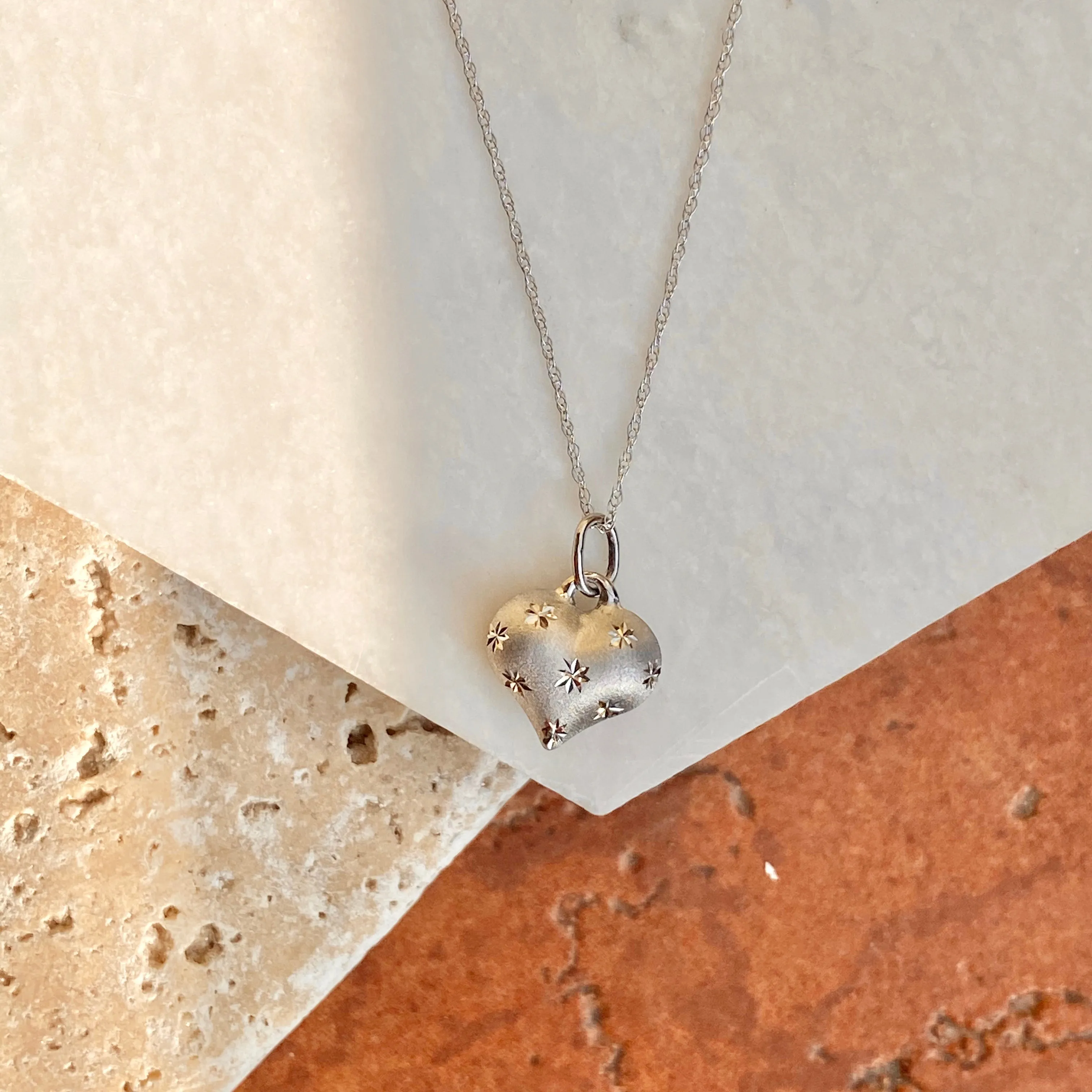 14KT White Gold Satin Diamond-Cut 3D Heart Pendant Chain Necklace