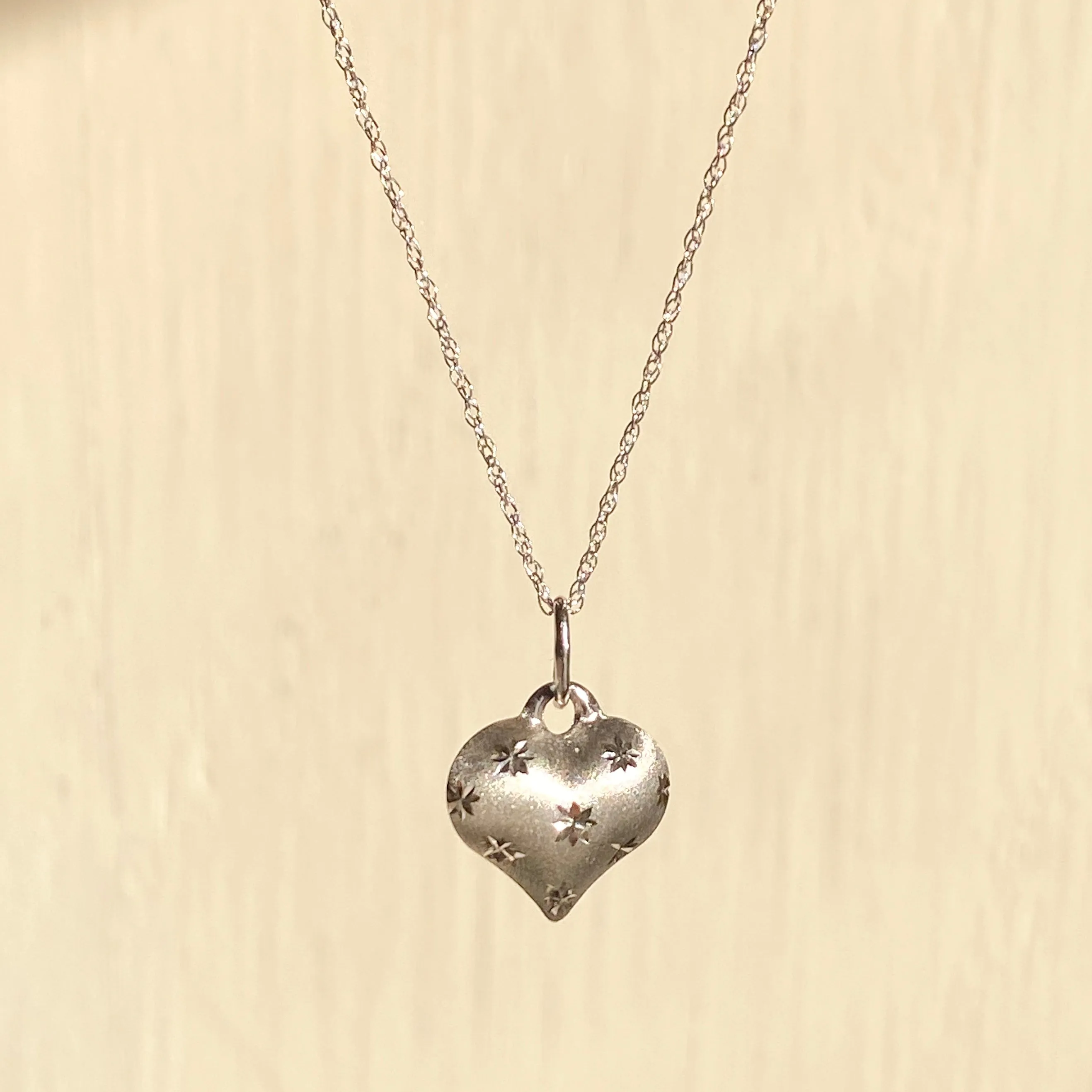 14KT White Gold Satin Diamond-Cut 3D Heart Pendant Chain Necklace