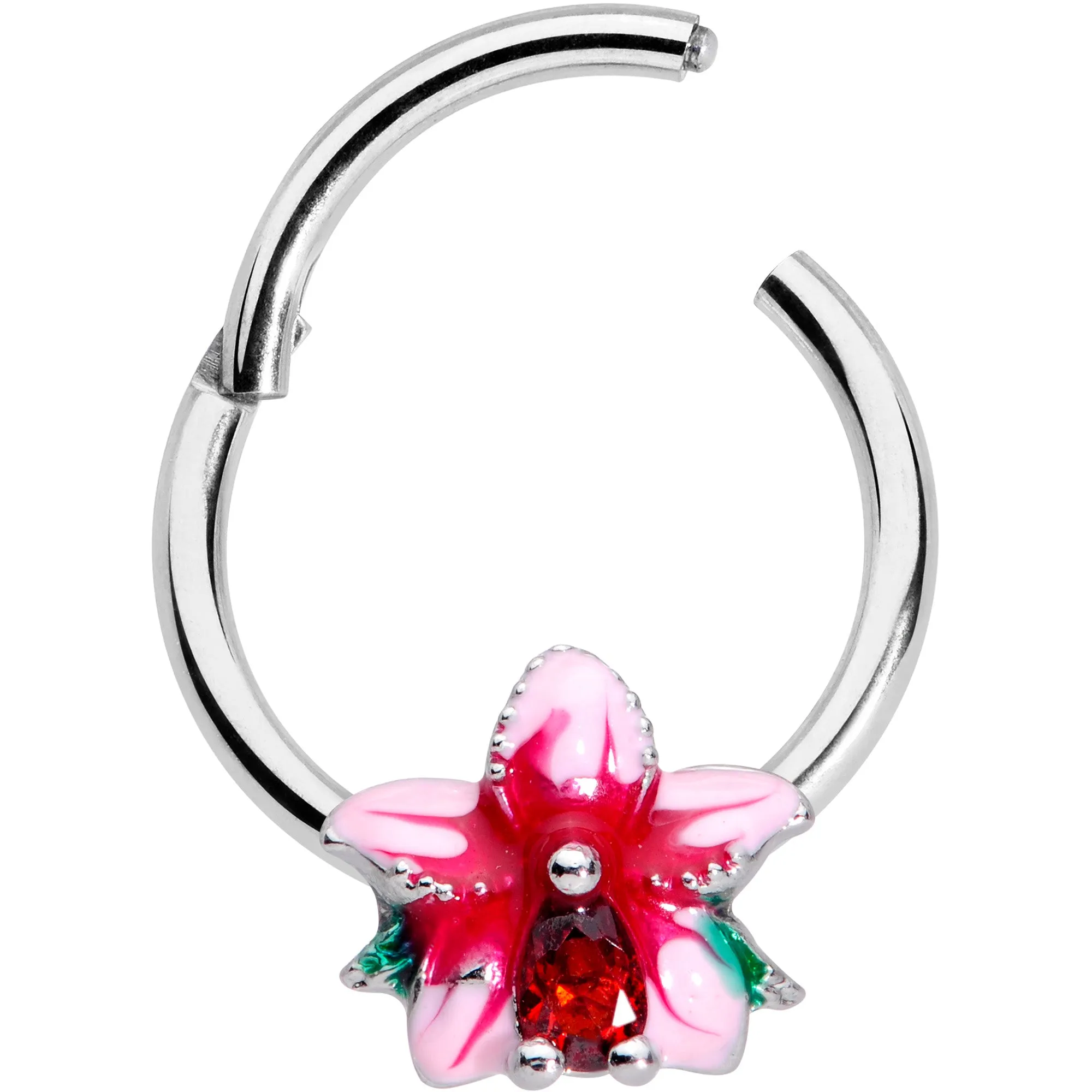 16 Gauge 3/8 Red Gem Exotic Flower Hinged Segment Ring