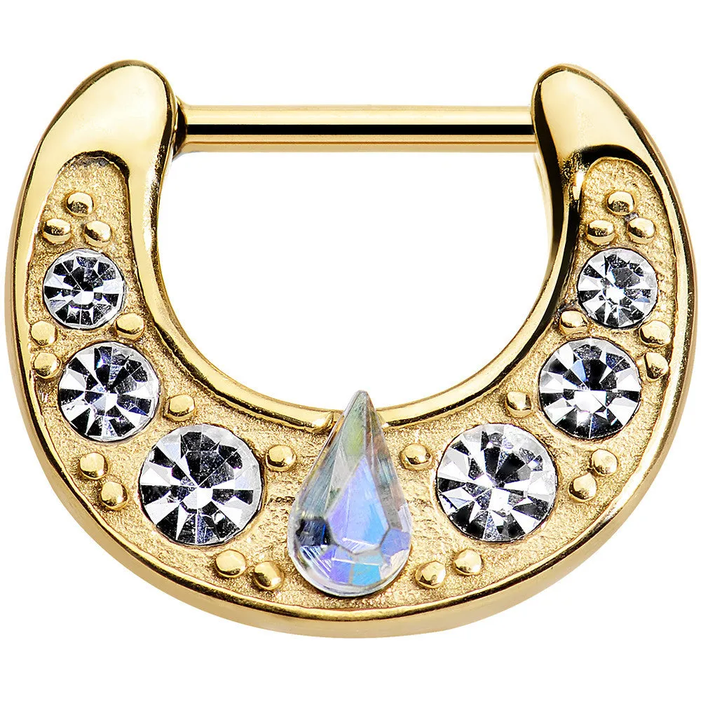 16 Gauge 5/16 Gold Plated Aurora Teardrop Clear Gem Septum Clicker