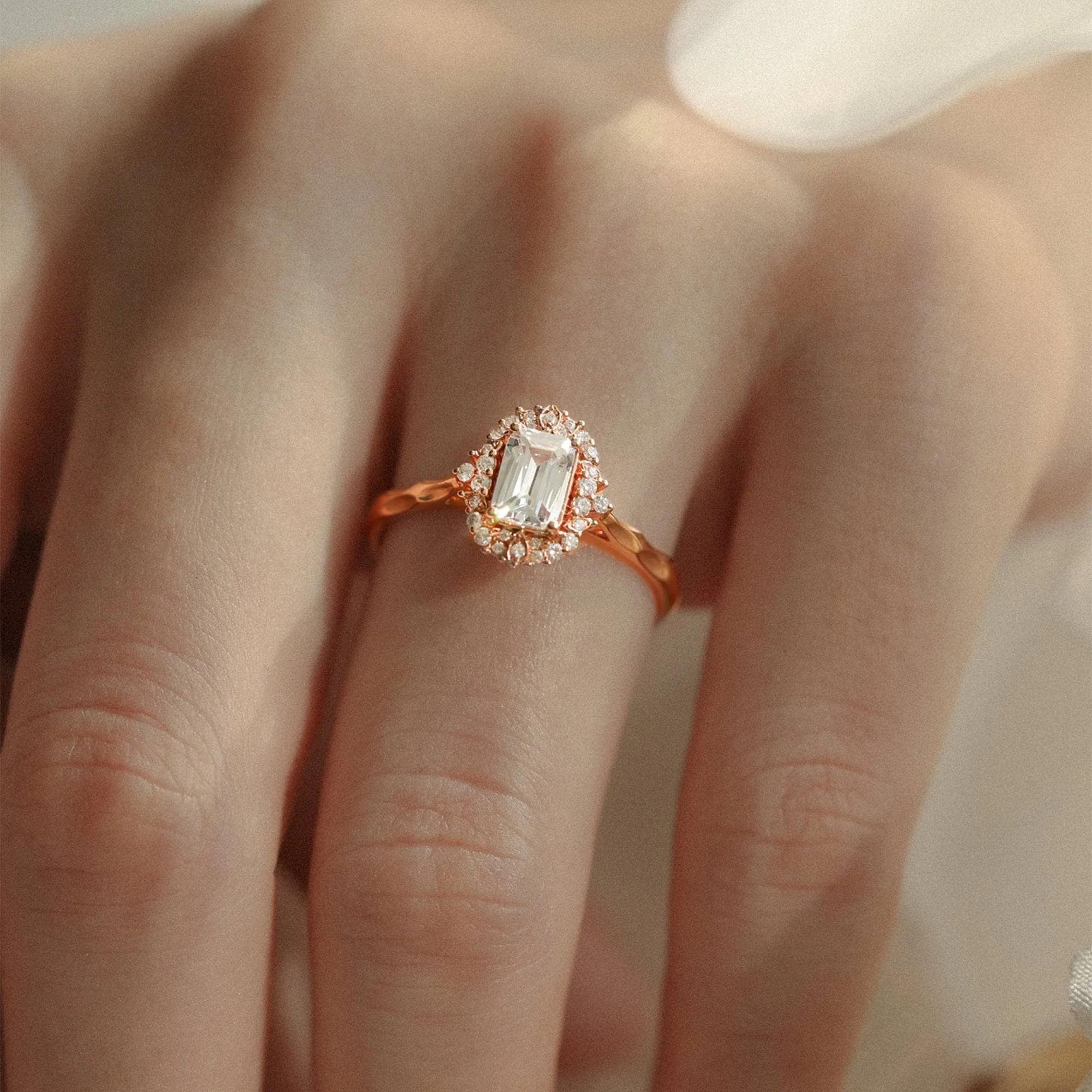 18k Art Deco Emerald Cut Diamond Rose Gold Engagement Ring
