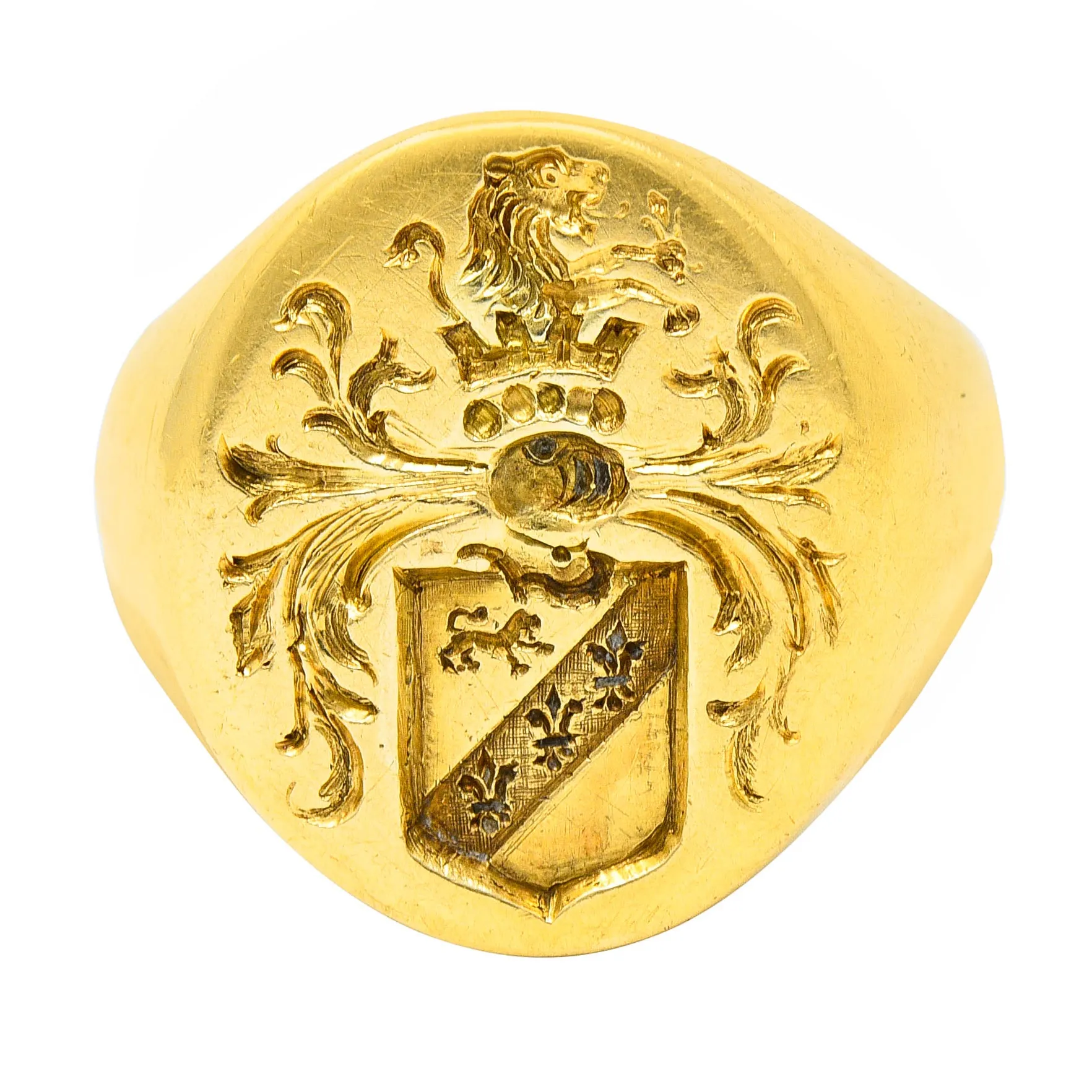 1940's Retro 14 Karat Yellow Gold Unisex Lion Shield Signet Heraldry Ring