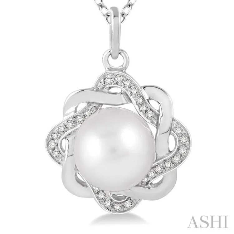 6.5x6.5 MM Cultured White Pearl and 1/10 Ctw Round Cut Diamond Pendant in Sterling Silver with Chain