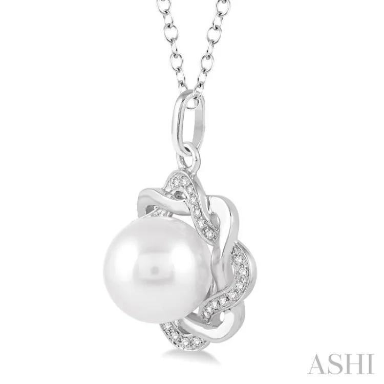 6.5x6.5 MM Cultured White Pearl and 1/10 Ctw Round Cut Diamond Pendant in Sterling Silver with Chain