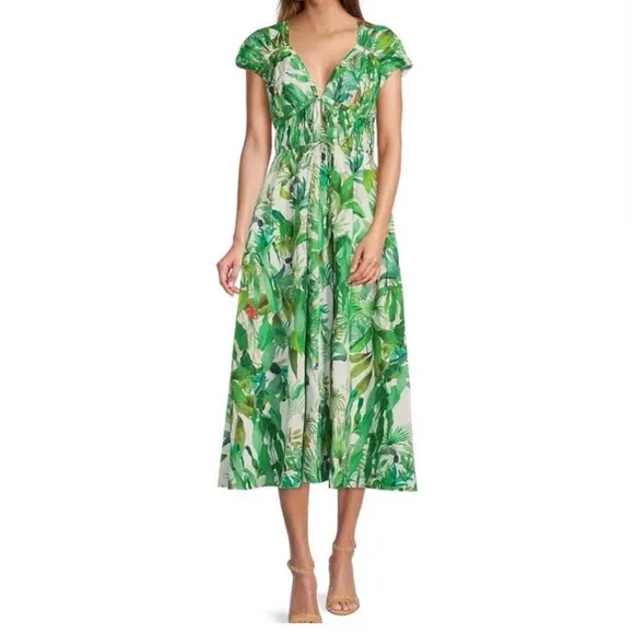 Antonio Melani Green Victoria Tropical Bird Palm Tree Print Poplin Dress 2/XS
