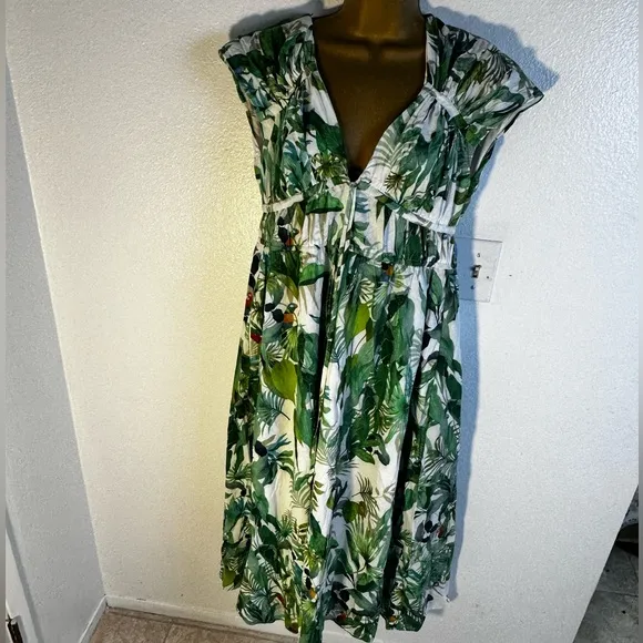 Antonio Melani Green Victoria Tropical Bird Palm Tree Print Poplin Dress 2/XS