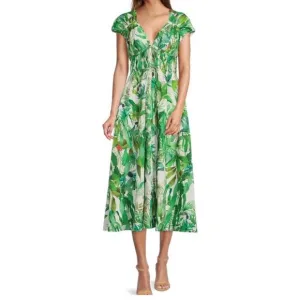 Antonio Melani Green Victoria Tropical Bird Palm Tree Print Poplin Dress 2/XS