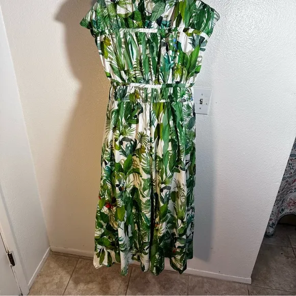 Antonio Melani Green Victoria Tropical Bird Palm Tree Print Poplin Dress 2/XS