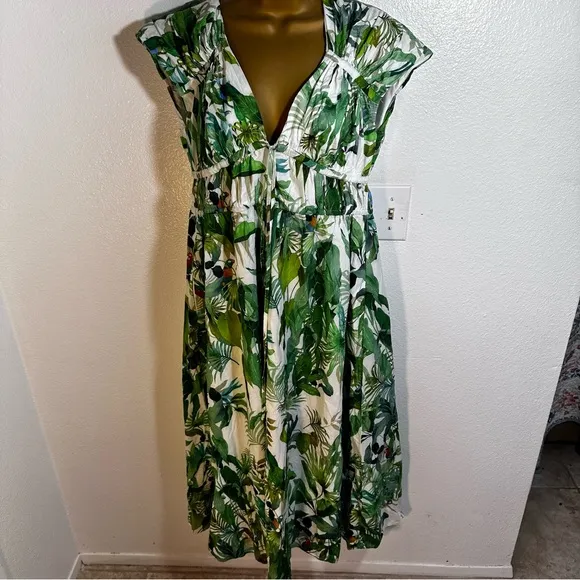 Antonio Melani Green Victoria Tropical Bird Palm Tree Print Poplin Dress 2/XS