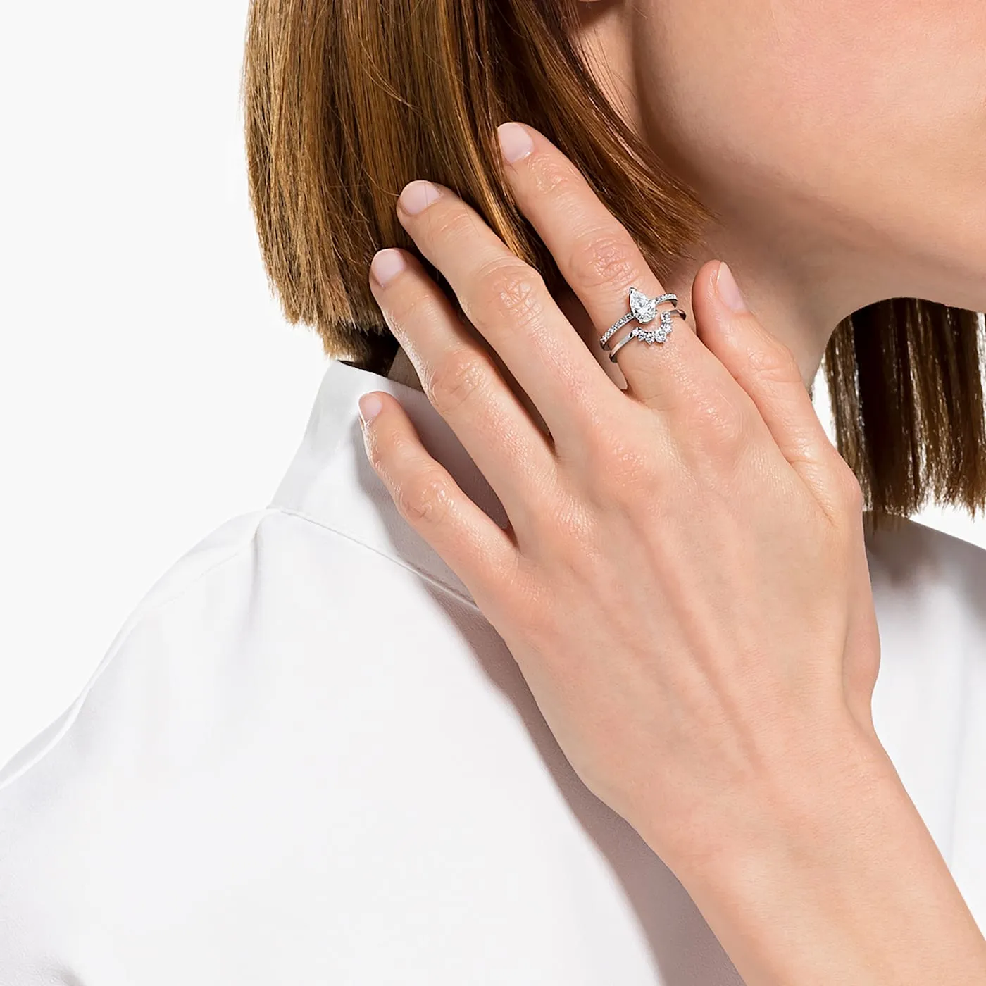 Attract ring Set (2), Pear cut, White, Rhodium plated