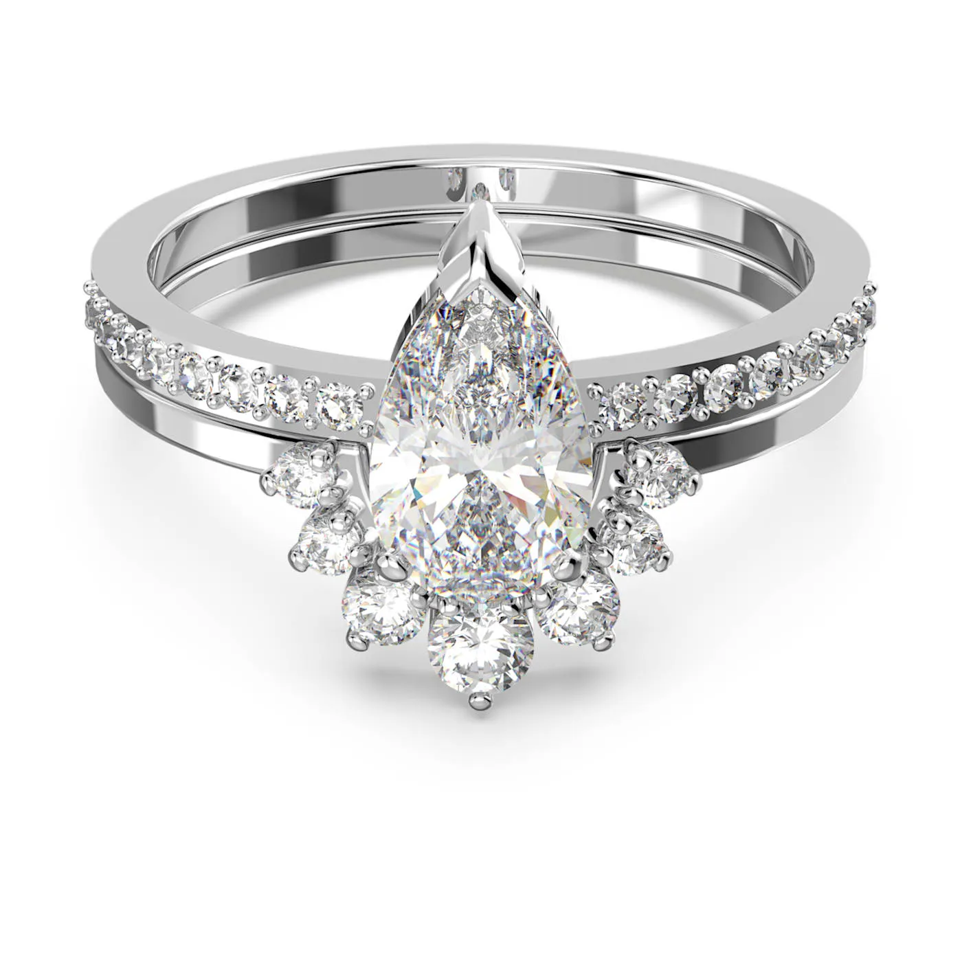 Attract ring Set (2), Pear cut, White, Rhodium plated