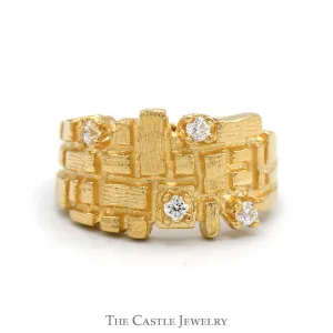 Aztec Inspired Textured Grid Ring with Diamond Accents in 14k Yellow Gold
