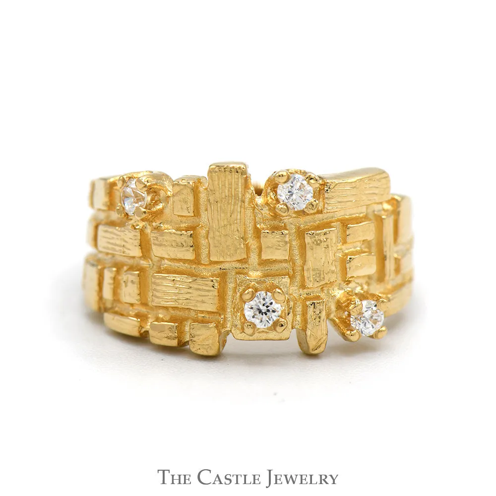 Aztec Inspired Textured Grid Ring with Diamond Accents in 14k Yellow Gold