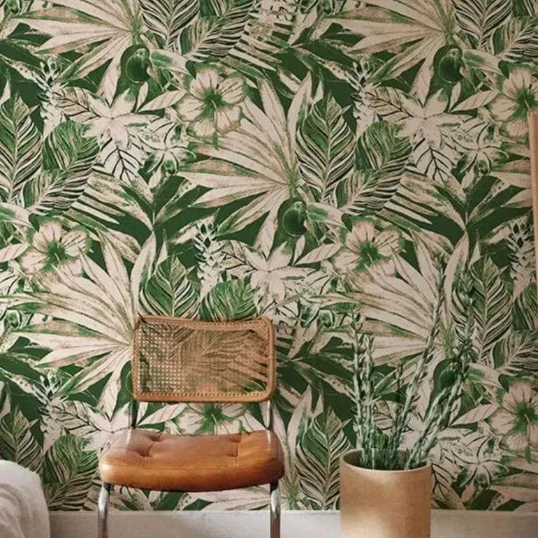 Beige and Green Tropical Leaves Wallpaper