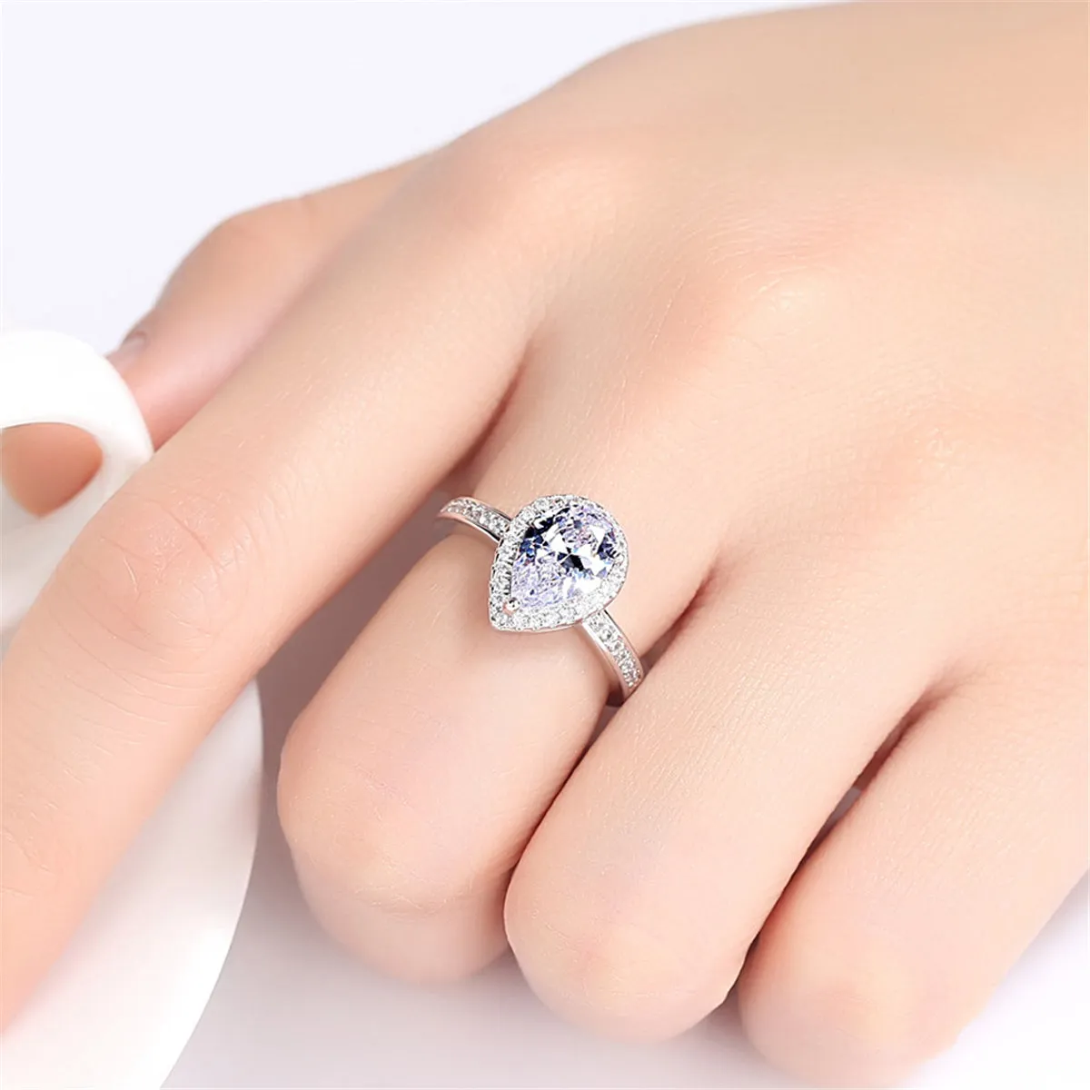 Blue Crystal & Cubic Zirconia Teardrop Halo Ring
