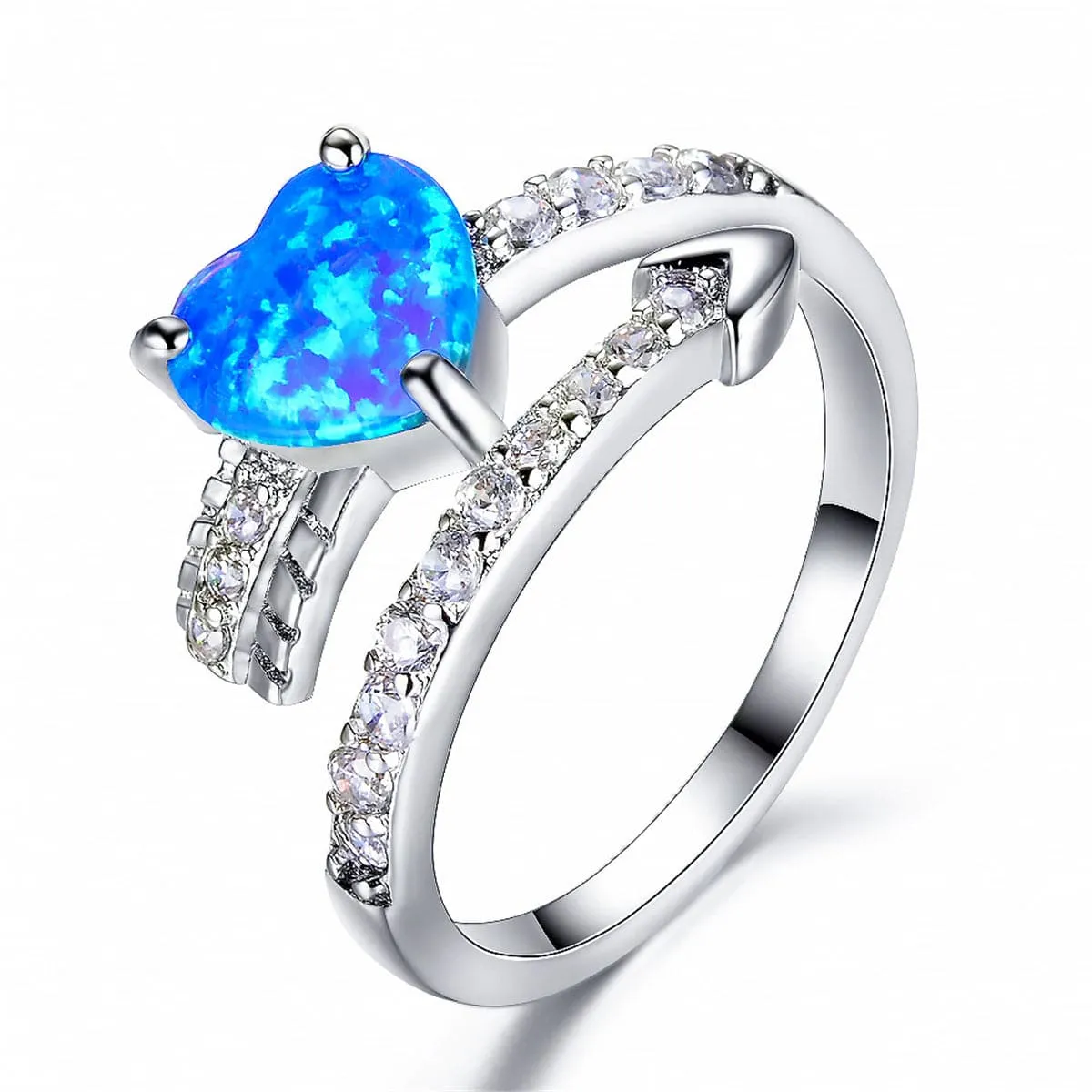 Blue Opal & Cubic Zirconia Heart Bypass Ring