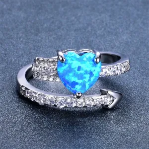 Blue Opal & Cubic Zirconia Heart Bypass Ring