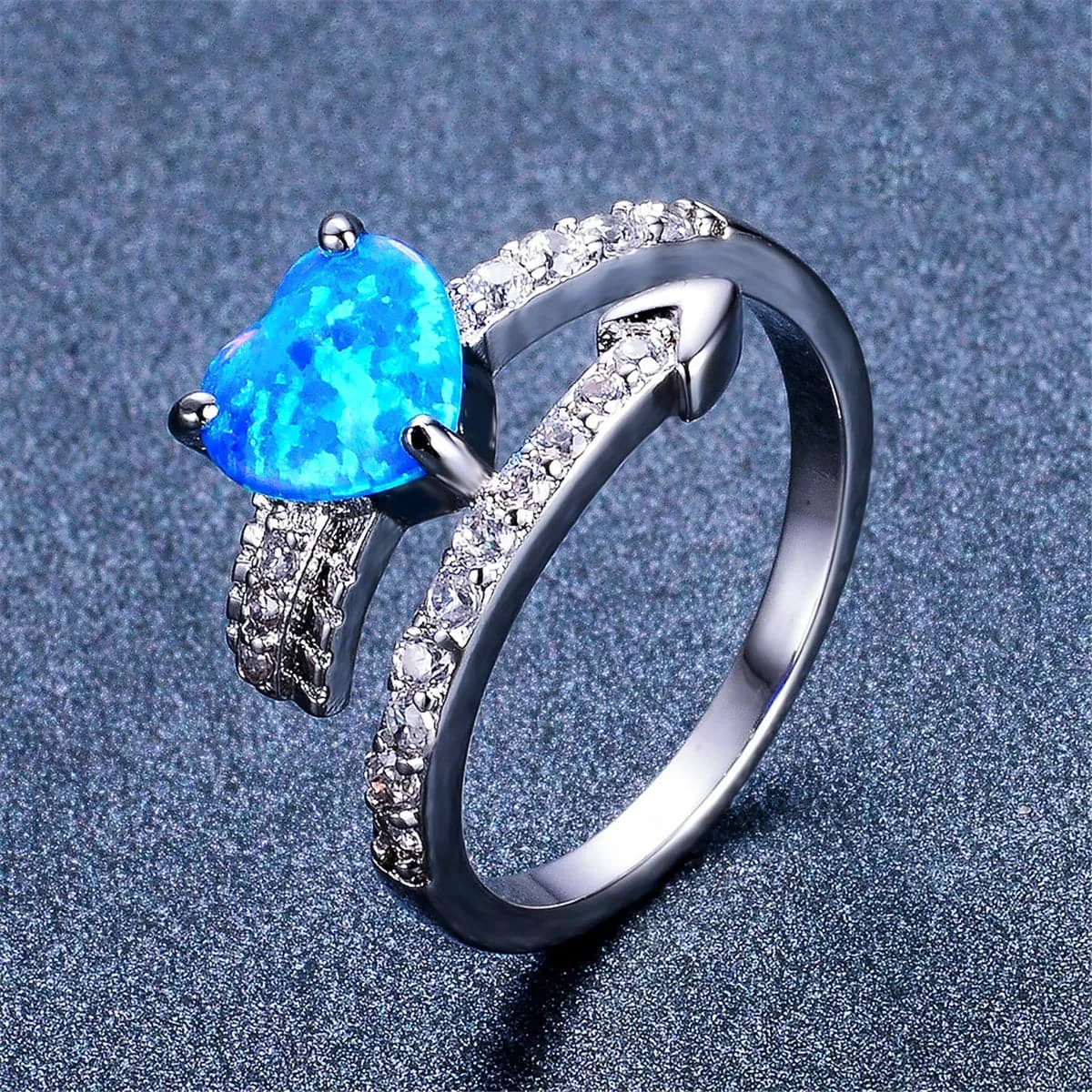 Blue Opal & Cubic Zirconia Heart Bypass Ring