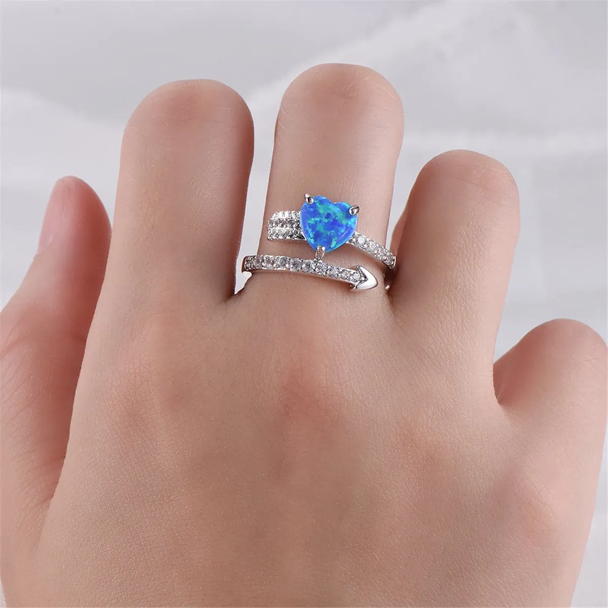 Blue Opal & Cubic Zirconia Heart Bypass Ring