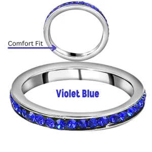 BLUE Stainless Steel Metal Austrian Crystal Eternity Band Stackable Ring