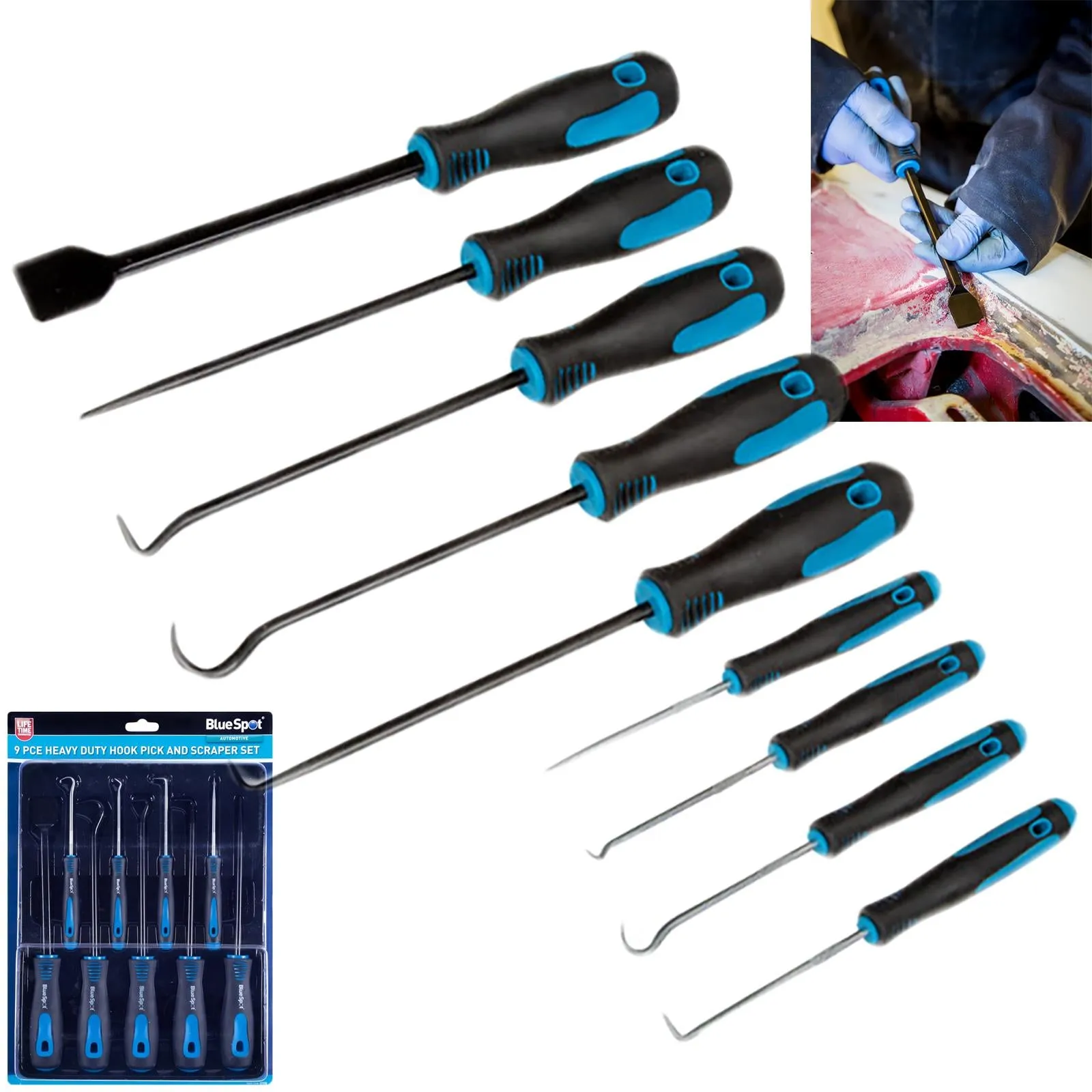 BlueSpot Hook Pick and Scraper Set Heavy Duty 9 Piece Soft Grip Handles