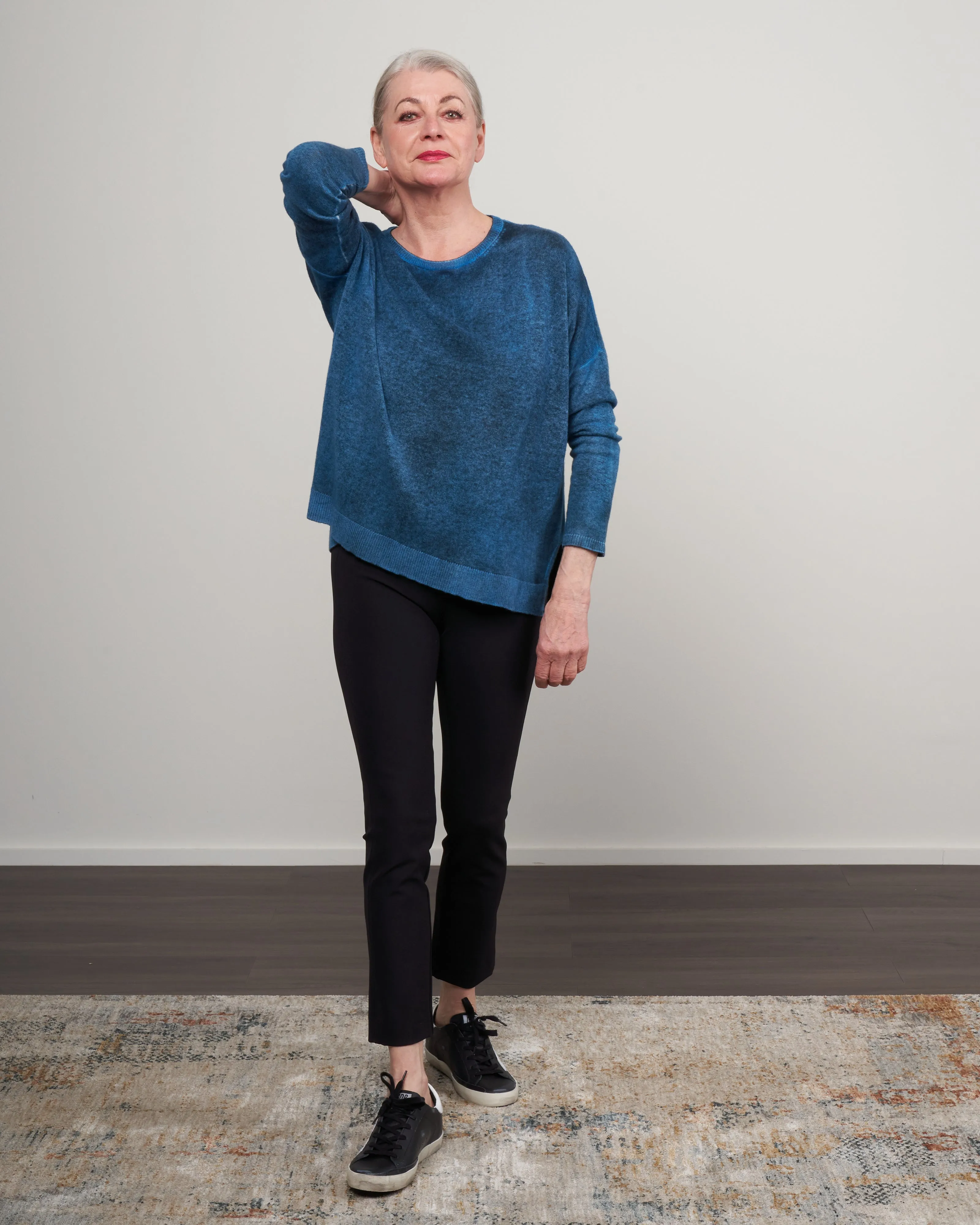 boat neck oversize pullover with slits - aqua