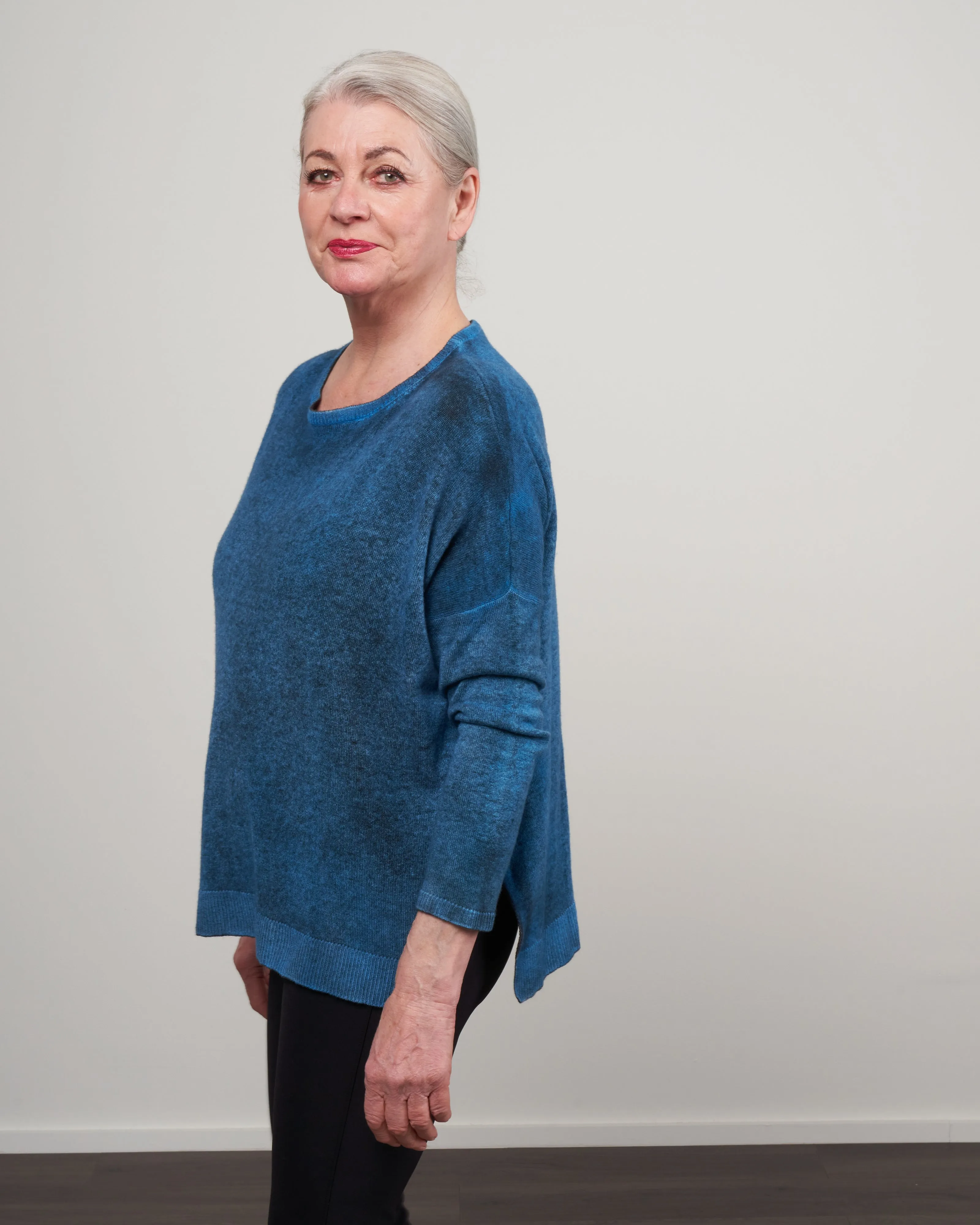 boat neck oversize pullover with slits - aqua