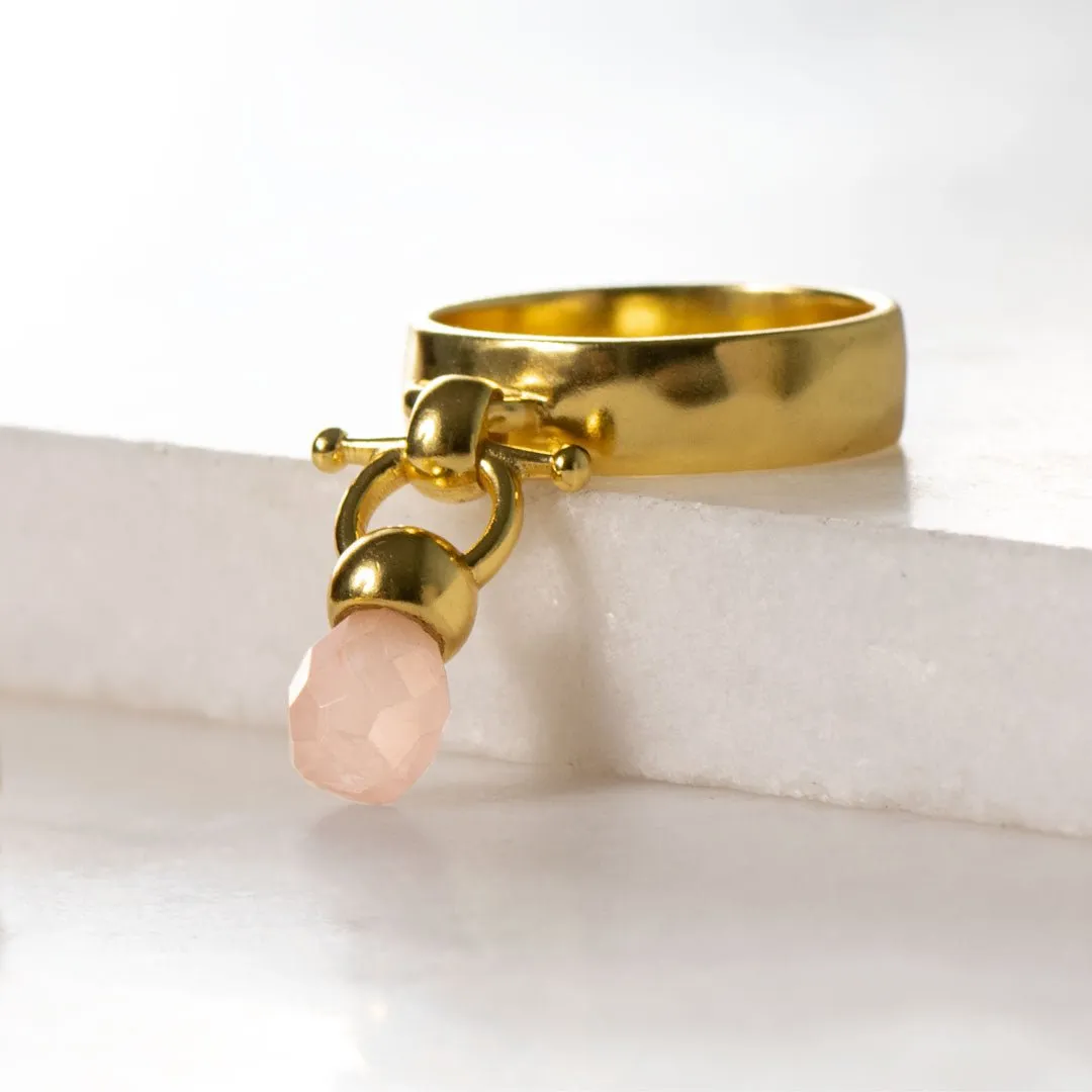 Brio - Rose Quartz Gemstone Design and 14K Gold on Sterling Silver Horse Bit Ring