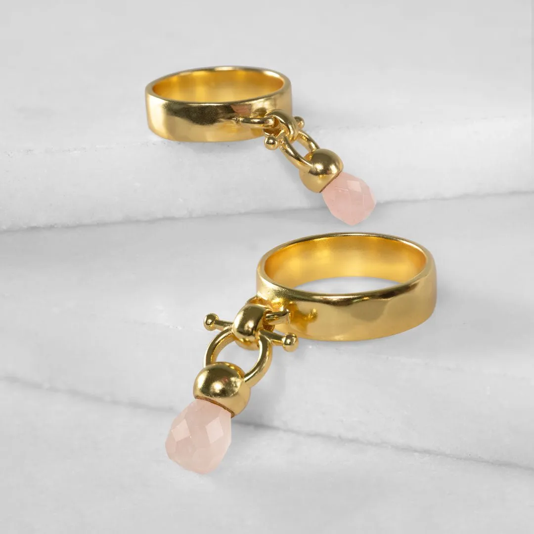 Brio - Rose Quartz Gemstone Design and 14K Gold on Sterling Silver Horse Bit Ring