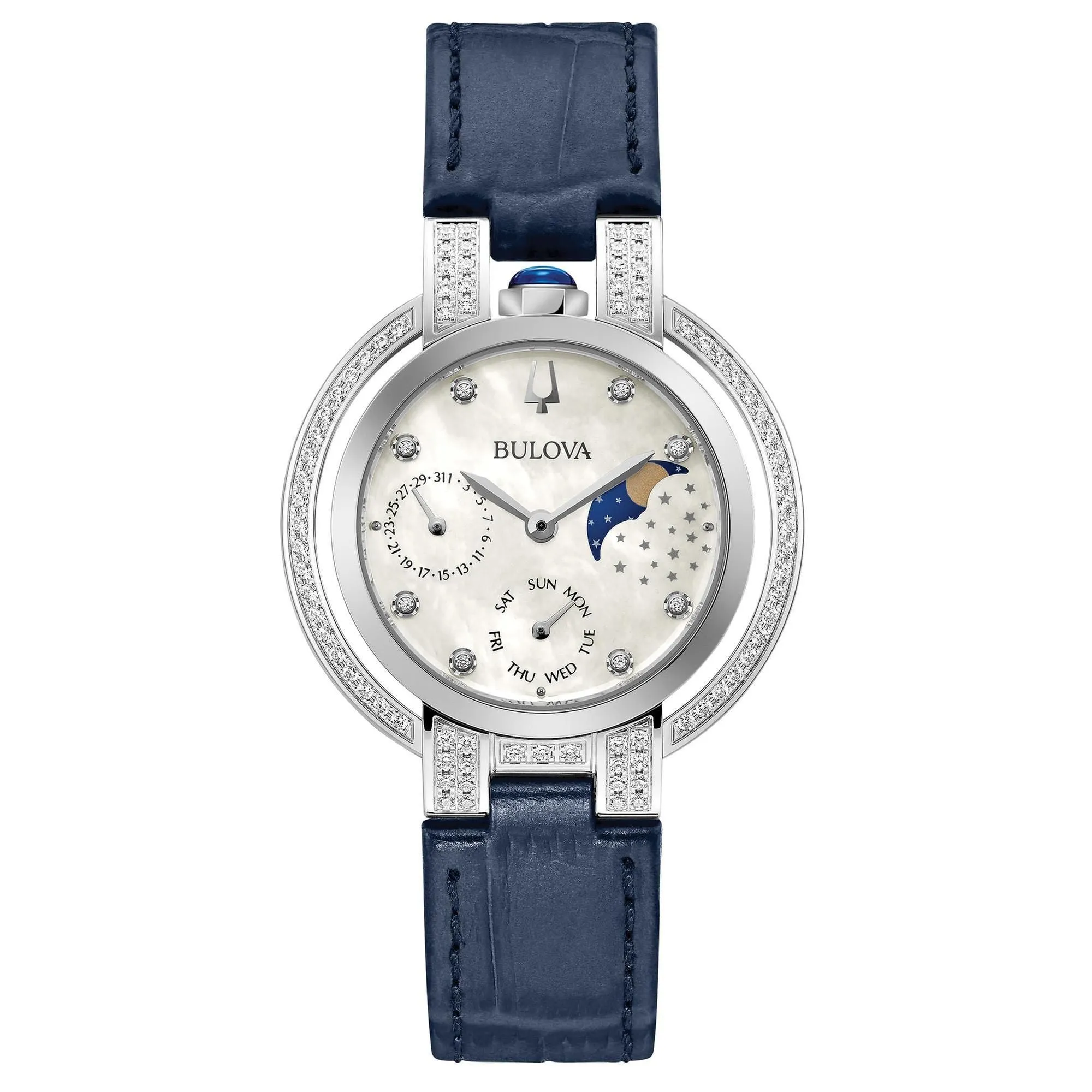 Bulova Ladies' Rubaiyat Diamond Moon Phase Blue Leather Strap Watch 96R237