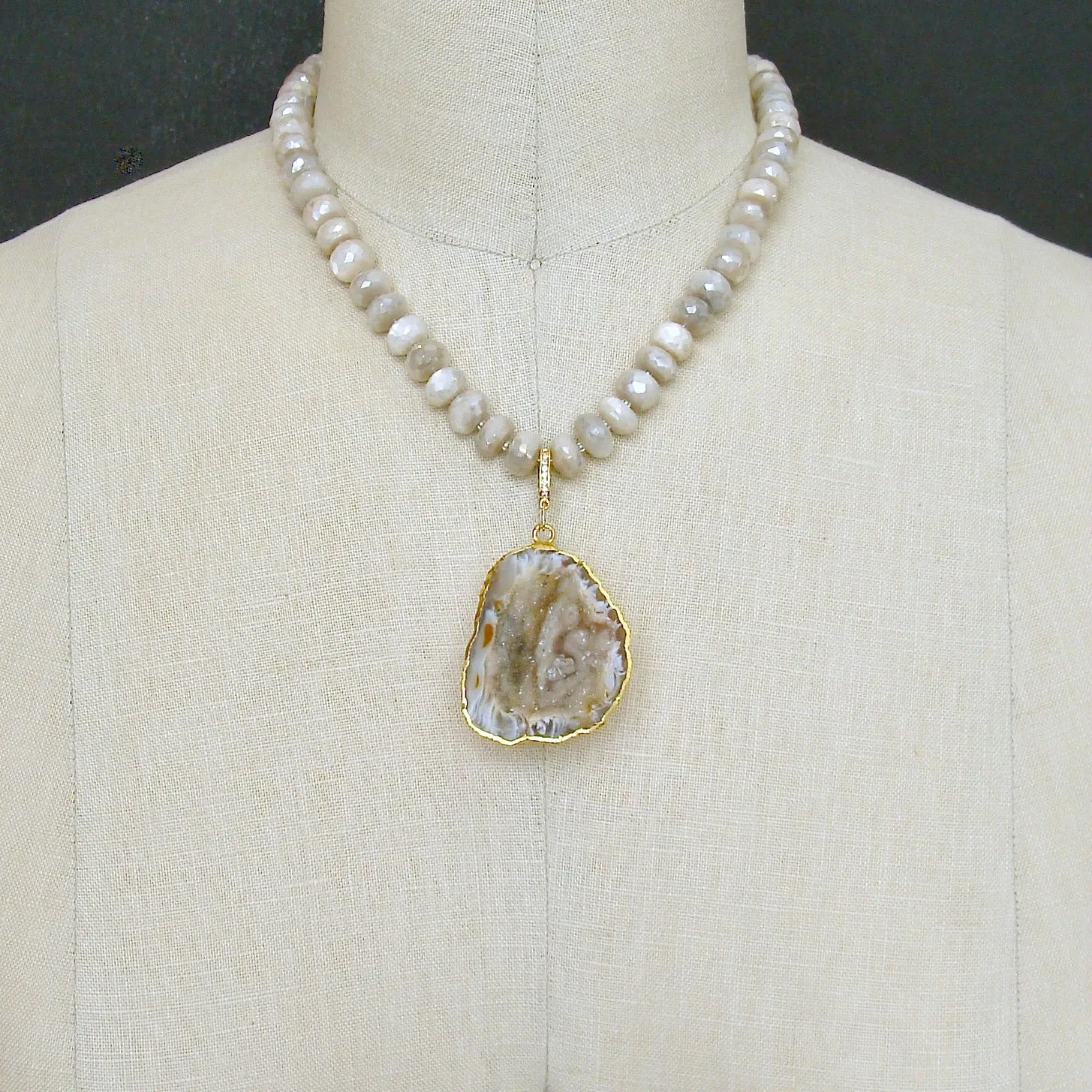 Champagne Mystic Moonstone With Removable Druzy Geode Pendant -  Corine Choker Necklace