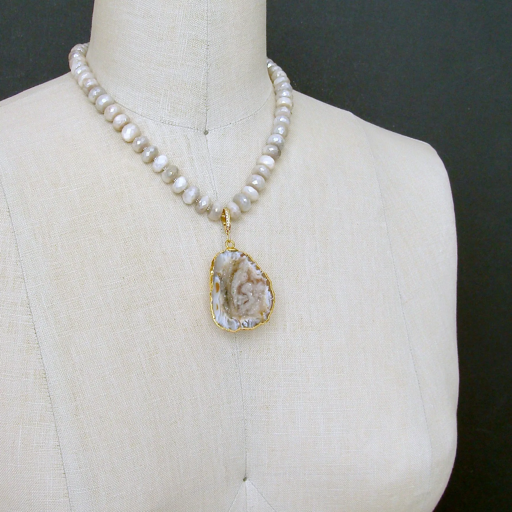 Champagne Mystic Moonstone With Removable Druzy Geode Pendant -  Corine Choker Necklace