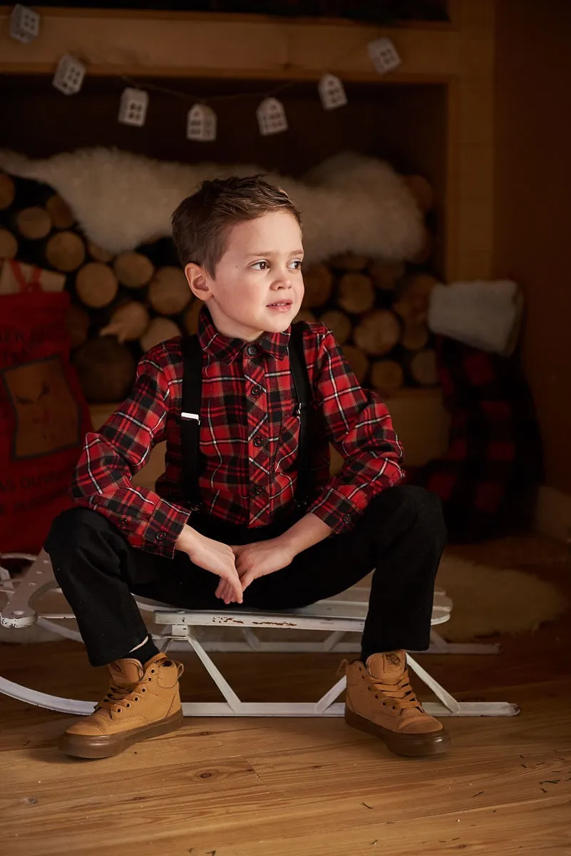 Chemise boutonnée à manches longues en flanelle à carreaux noir et rouge - Deux par Deux