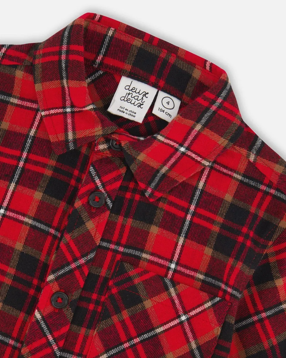 Chemise boutonnée à manches longues en flanelle à carreaux noir et rouge - Deux par Deux