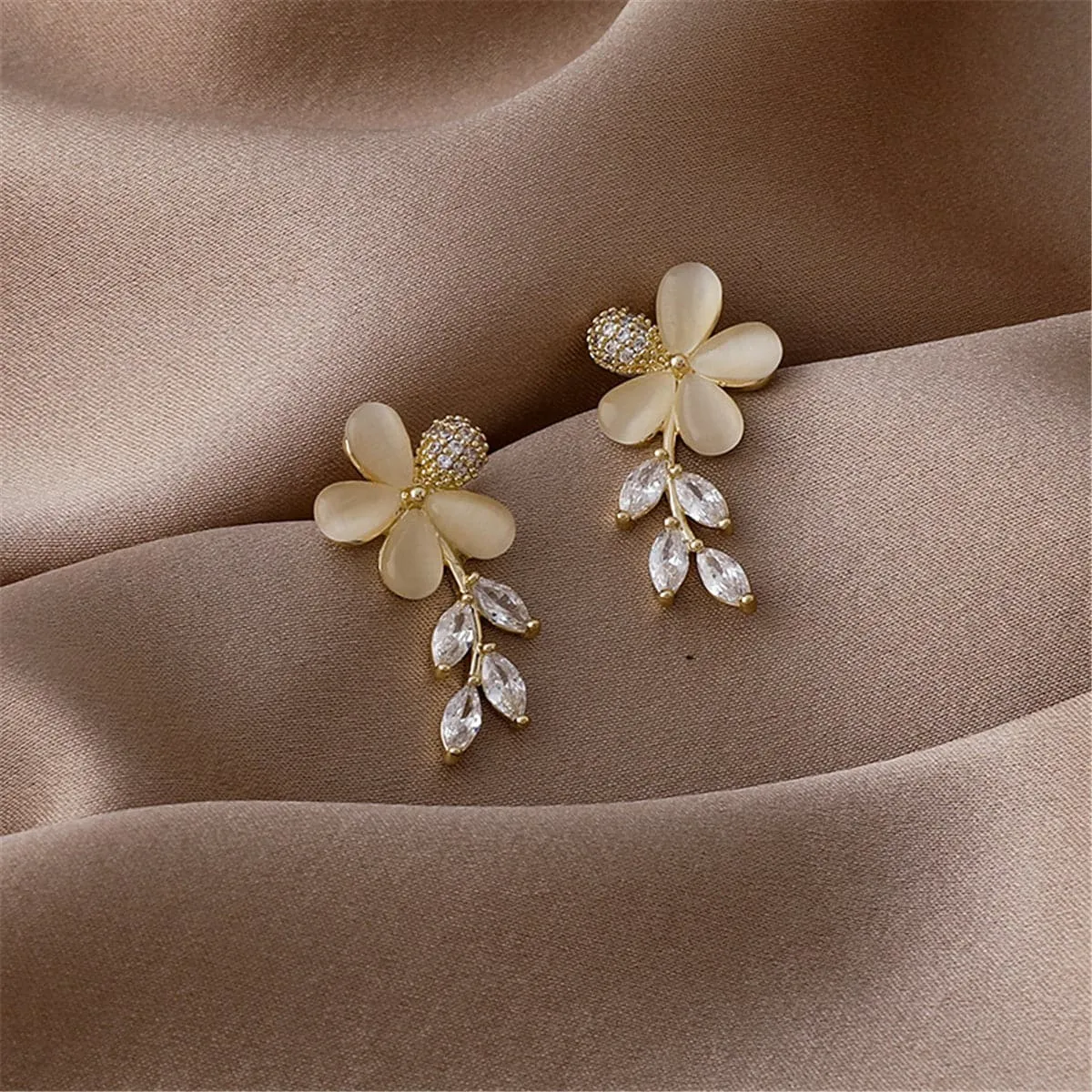 Crystal & Cat's Eye Floral Drop Earrings